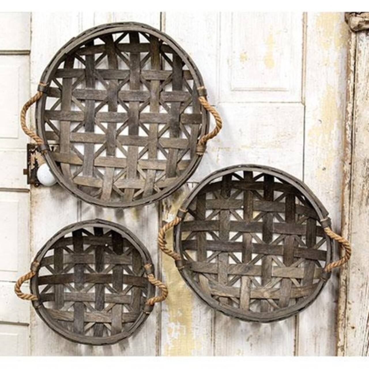 Set of 3 Natural Round Tobacco Baskets with Jute Handles Wall Hanging Decor